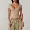 thumbnail image 2 of Women's V Neck Short Sleeve Tops With Built-in Seamed Cup And Double Lined Featuring Fitted Cropped Cut Beige L, 2 of 7