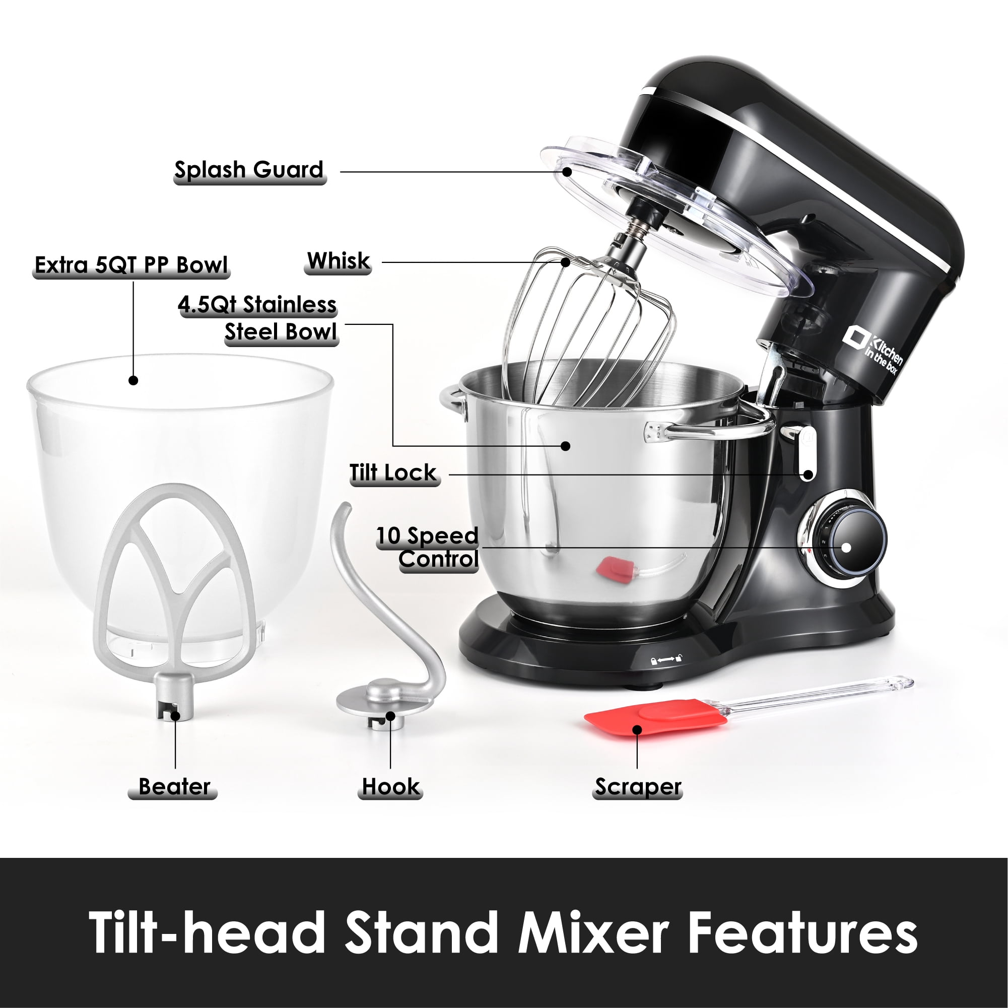 Kitchen in the box 10 Speeds Stand Mixer with 4.5QT+5QT Two Bowls, 450W Electric Food Mixer with Tilt-Head - Black