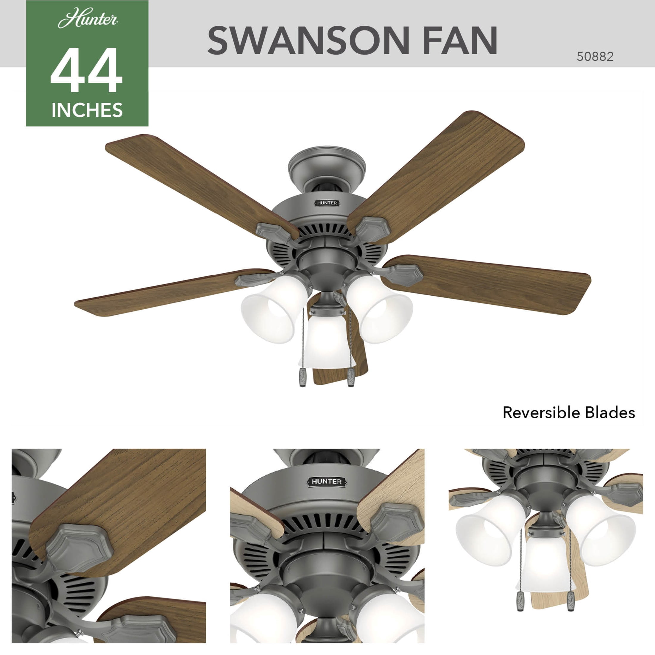 Hunter 44 inch Indoor Ceiling Fan with LED Lights - Ceiling Fan with Pull Chain, For Bedroom, Living Room, or Kitchen, Standard Mount, No Remote, 5 Blades - Swanson 50882, Matte Silver