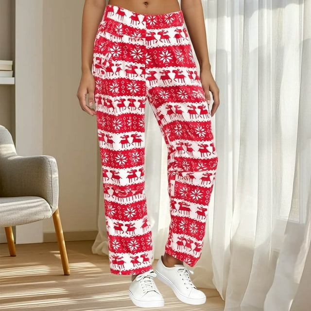 Pantalones de dormir de franela suave con cintura elástica para mujer, con estampado festivo y bolsillos laterales. Pantalones de poliéster para mujer.
