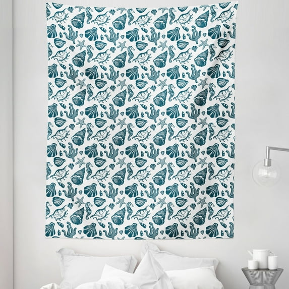 Marine Tapestry, Vintage Sketch of Nautical as Seashells Seahorses and Starfish, Fabric Wall Hanging Decor for Bedroom Living Room Dorm, 5 Sizes, White and Dark Teal, by Ambesonne
