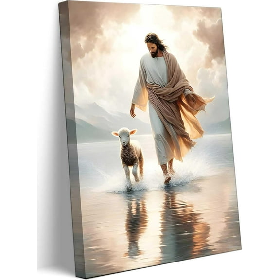 Aaheei Jesus Walks On Water Canvas Wall Art Christ Saves The Lost Lamb Painting Wall Decor Christian Poster Print Follow Me Artwork Picture Decoration For Living Room Bedroom Church Ready To Hang