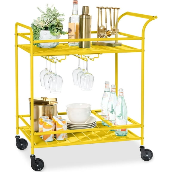 Outdoor Mobile Patio Bar Cart, Home Bar Serving Cart, BBQ Side Table w/ 2 Tier Storage, Wine Rack, Lockable Wheels - Yellow