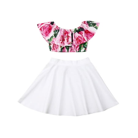 

Nokpsedcb 2PCS Toddler Baby Girl Skirt Set Off Shoulder Floral Print Crop Top Short Skirt White 3-4 Years