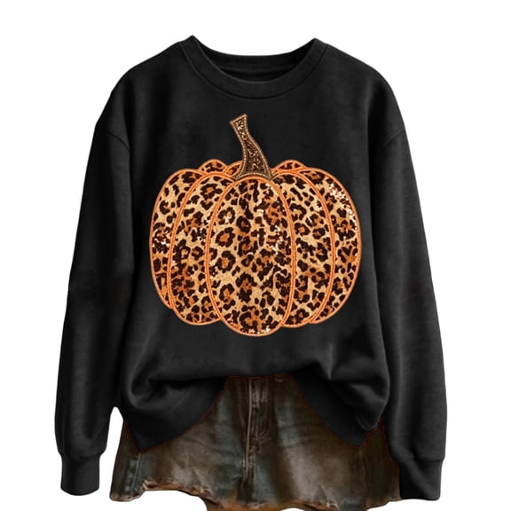 Bainana Halloween Women Sweatshirt Leopard Pumpkin Graphic Pullover Shirt Fashion Theme Events Sweatshirts Black L