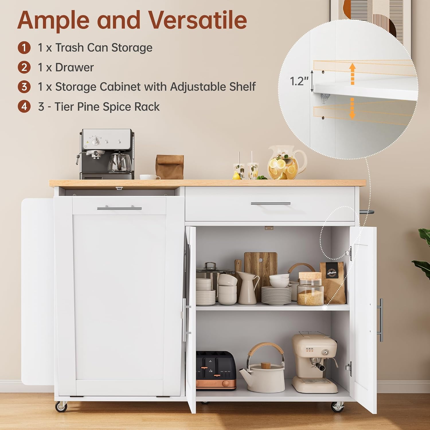 3-Tier Kitchen Island with Hidden Trash Can Storage, Rolling, Drop Leaf, Spice Rack & Drawer