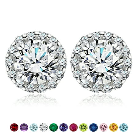 JeenMata 2 Carat Cubic Zirconia Birthstone Earrings - Solitaire Shared-Prong Round Cut Stud Earrings in 18K White Gold Over Silver