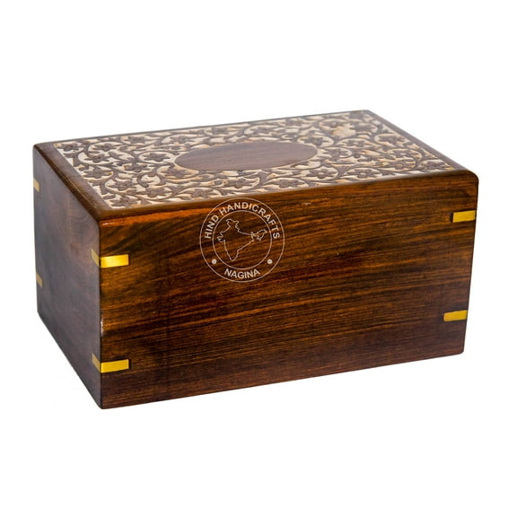 Beautifully Handmade & Handcrafted Rosewood Floral Engraving Wooden Cremation Box/Urns for Human Ashes Adult, Funeral Urn Box (9" x 5.5" x 4.5" - 180lbs or 72kg, Whitewashed-2)