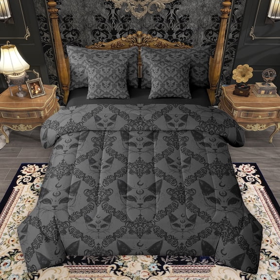 Feelyou Boho Damask Floral Bedding Comforter Set 7pcs, Magic Cat Print Queen Bedding Sets, Western Hippie Fashion Reversible Queen Sheet Sets, Breathable Home Decor