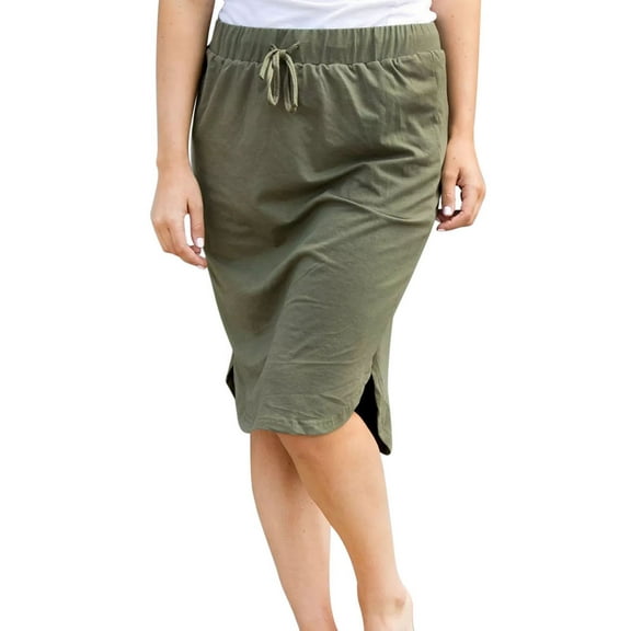 Wenseny Straight Skirt for Women Elastic Waist Side Split Fashion Casual Skirts Army Green S