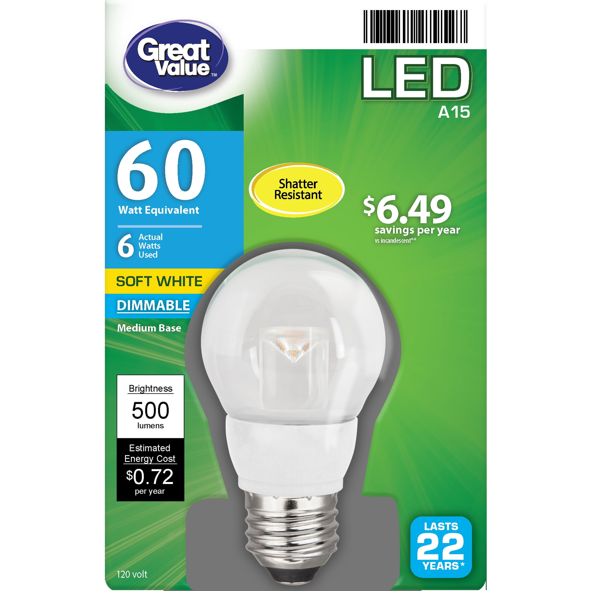 Great Value LED Bulb, 6W (60W Equivalent) A15 Ceiling Fan Clear E26 Medium Base, Dimmable, White, 1-Pack - Walmart.com