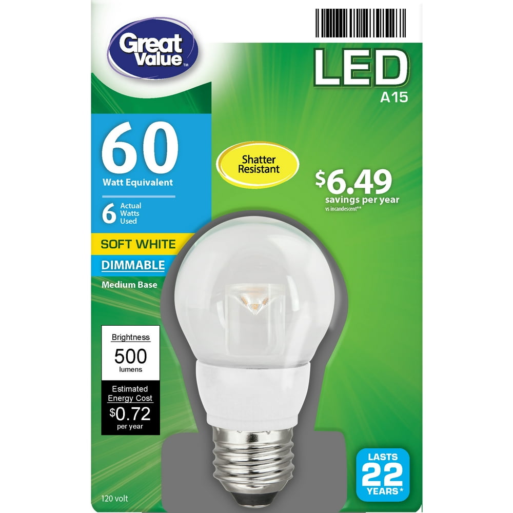 Great Value LED Light Bulb, 6 Watts (60W Equivalent) A15 Ceiling Fan