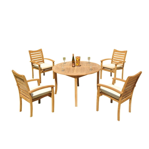 Grade-A Teak Dining Set: 4 Seater 5 Pc: 48" Round Table And 4 Aspen Stacking Arm Chairs Outdoor Patio WholesaleTeak #51AP1005