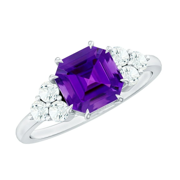 Rosec Jewels Real Amethyst Engagement Ring 3 Carat - 8 mm Asscher Cut - AAA Grade - Amethyst and Diamond Ring for Women, 925 Sterling Silver, US 4.00