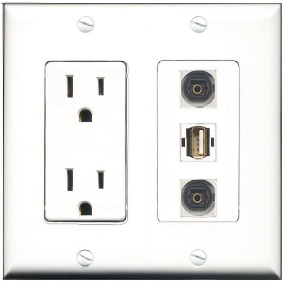 RiteAV - 15 Amp Power Outlet 1 Port USB A-A 2 Port Toslink Decorative Wall Plate