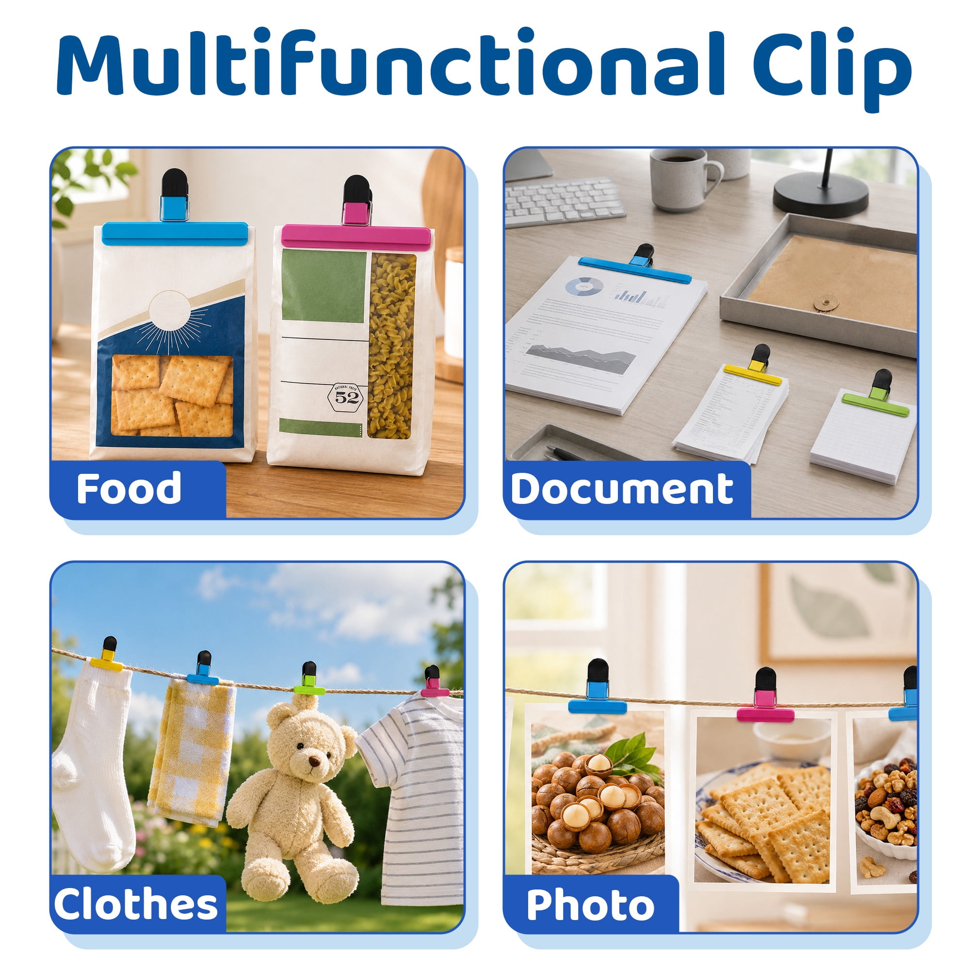 12 Pack Food Bag Clips, Heavy‑Duty Plastic Sealing Clips, Multi‑Purpose Snack Bag Clamps for Kitchen Storage, Office Paper, Photos and Household Use