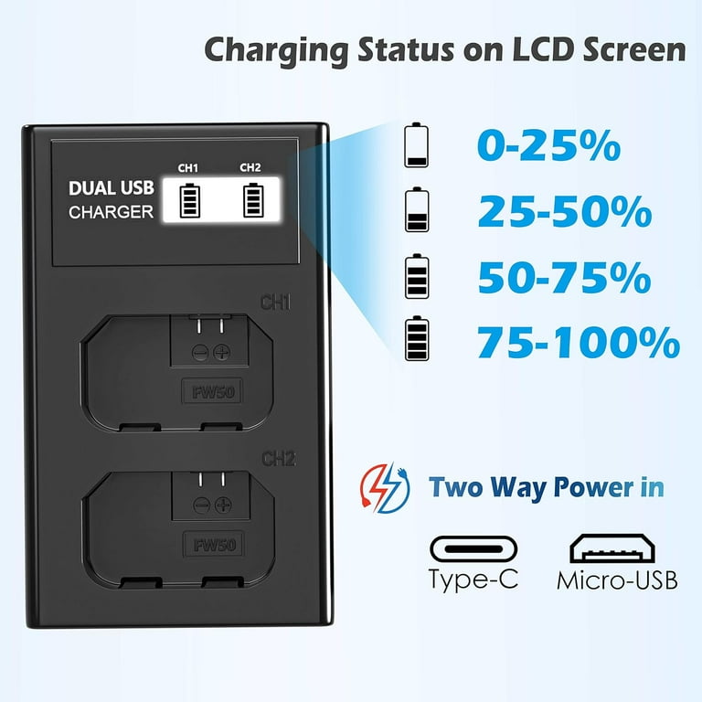 2-pack NP-FW50 Batteries and Charger for Sony ZV-E10, A6400, DSC