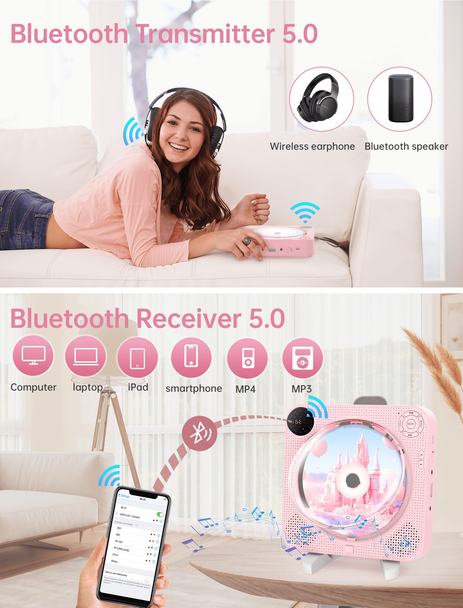 Portable Bluetooth CD Player with Speakers - Small Wall CD Player for Home with Remote Control FM Radio Digital Screen Headphone Jack,Support AUX in Cable&USB