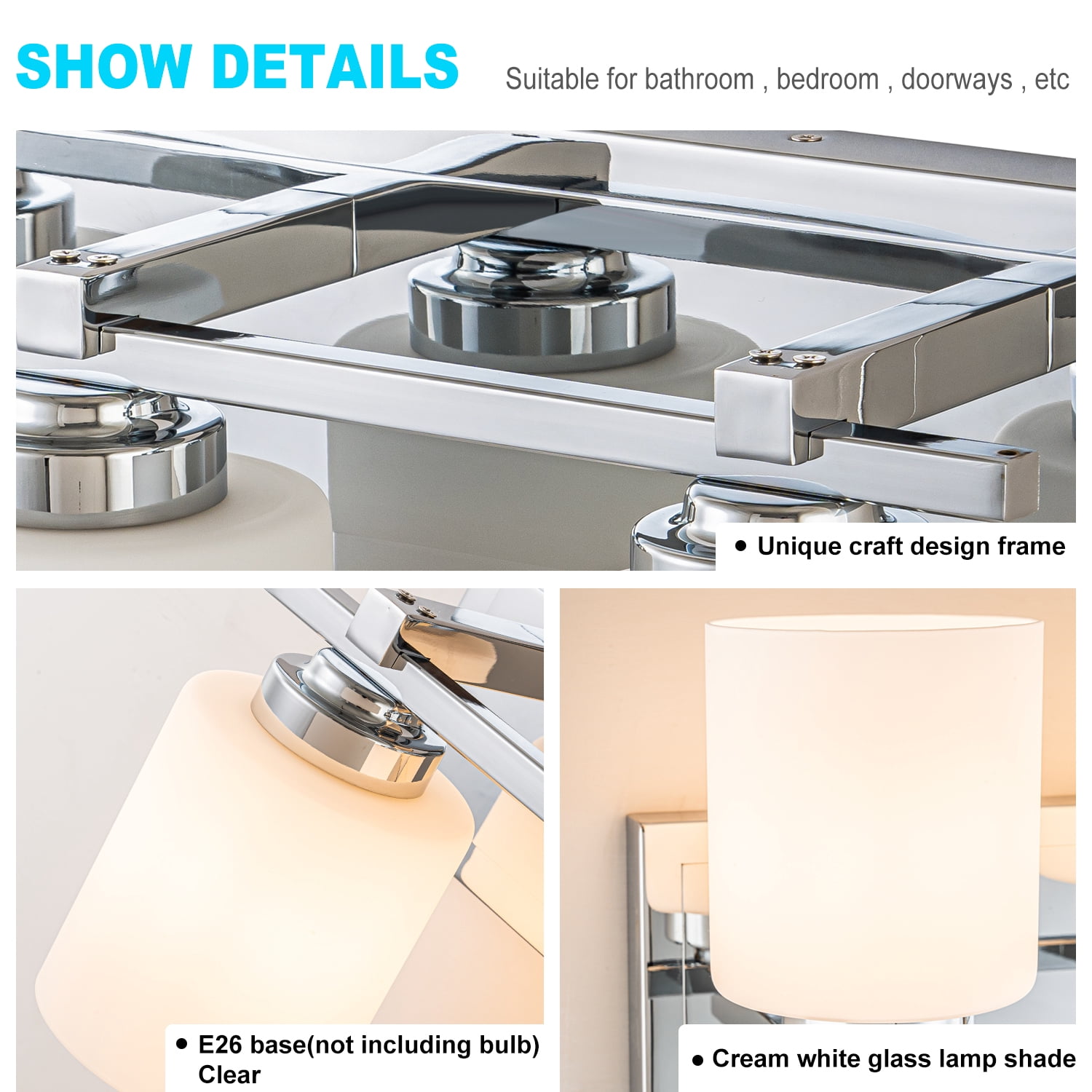 SineRise 3-Light Chrome Modern Bathroom Vanity Light with Milky White Glass Shades