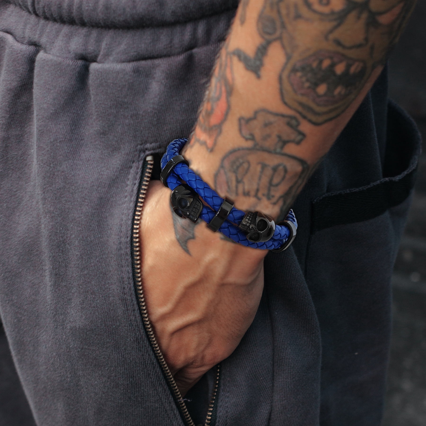 Raymard Mens Skull Double Row Leather Bracelet,Skull Blue Braided Bracelet for Men, Mens Punk Jewelry