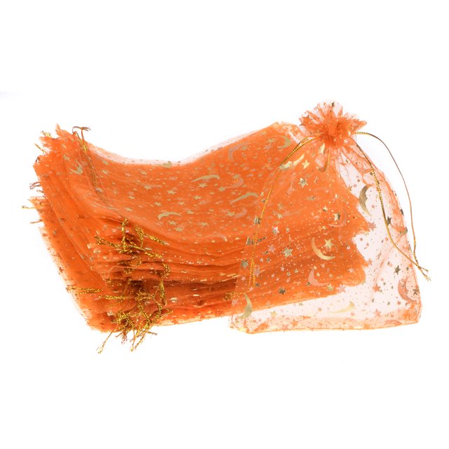 Uxcell Moon Star Printed Organza Bags, 100 Pcs 7.09x5.1 Inch Drawstring Mini Pouches for Party Wedding, Orange