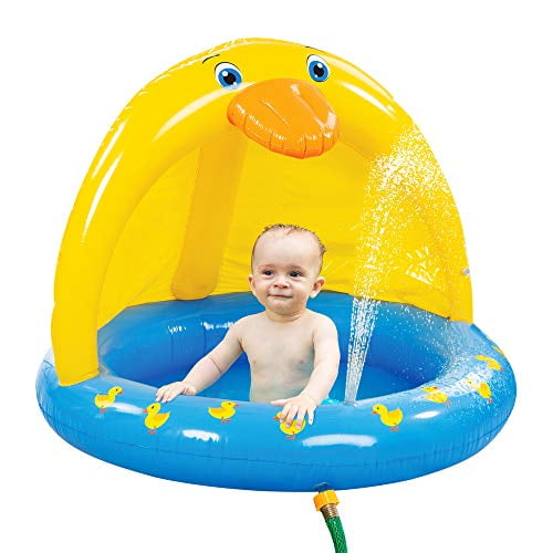 Kiddie Inflatable Bath for Infant and Toddler Boys and Girls Blue Wading and Playing Tub with Yellow Shade Perfect Toy for Outdoor Summer Fun Bundaloo Duck Baby Pool with Canopy and Sprinkler