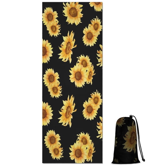 Black Yellow Sunflower Pattern Hot Yoga Mat Towel Non Slip for Hot Yoga - Quick-Drying Yoga Mat Cover with 4 Corner Pockets with Travel Bag - Hot Yoga Towel Non Slip 70"x26"