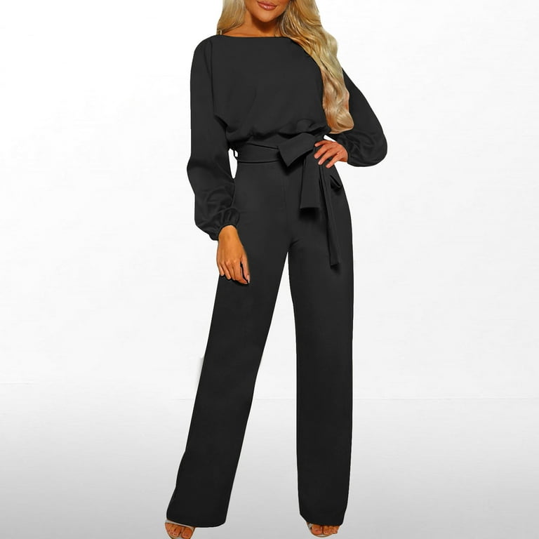 SDNall Black Classy Jumpsuits for Women Solid Color Long Sleeved Jumpsuit Crew Round Neck Jumpsuit with Belt Long Wide Leg Pantsuits Fall Winter