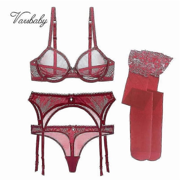 Vars Ultra-thin Transparent Yarn Linrie Set Bras+garters+thongs+ings 4 Pcs For Women
