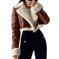 thumbnail image 2 of Womens Leather Jacket Faux Fur Moto Jacket Winter Trench Coat Cropped Shearling Jacket Brown S, 2 of 9