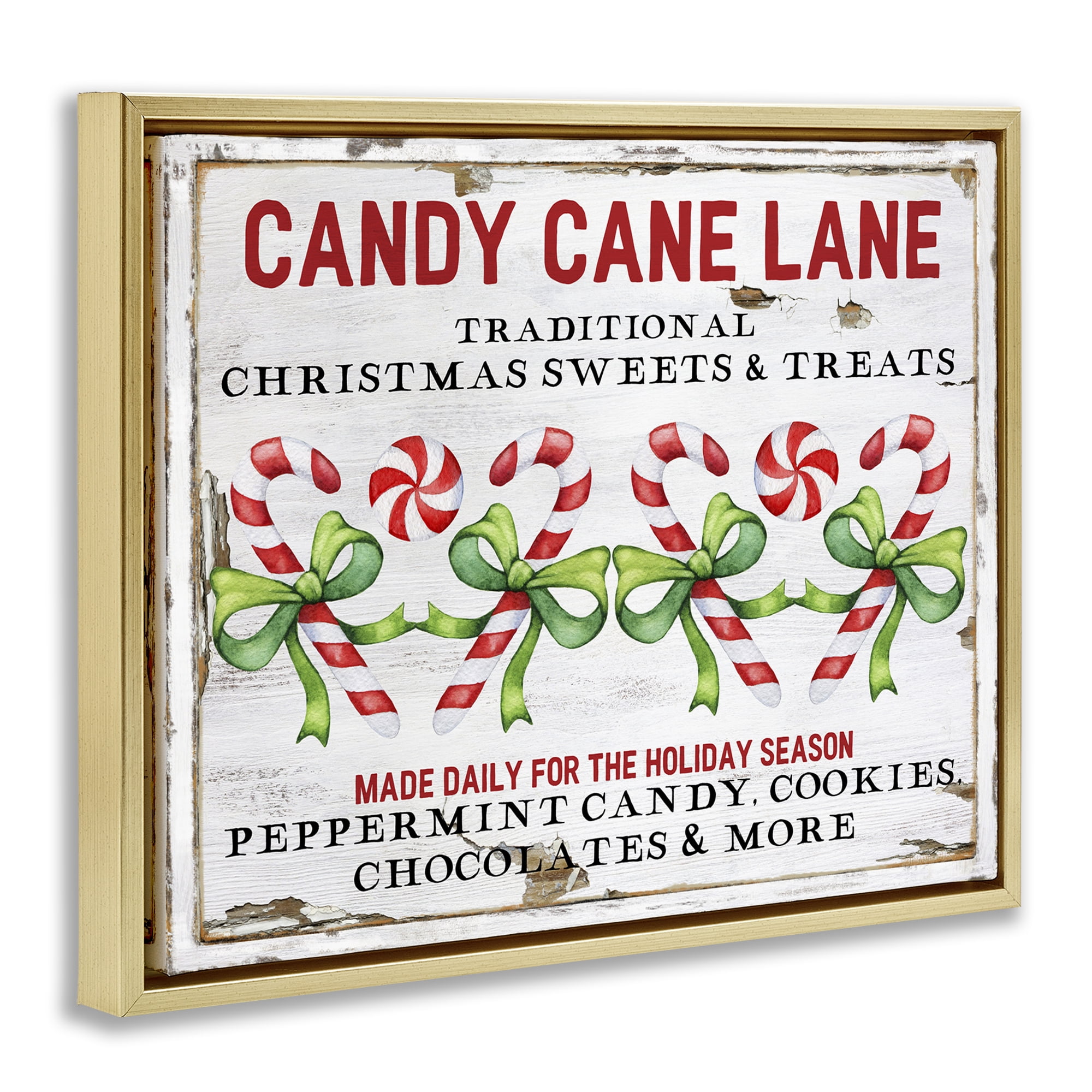 Stupell Industries Candy Cane Lane Sign Holiday Painting Gold Floater Framed Canvas Art Prints Wall Art, 31 x 25