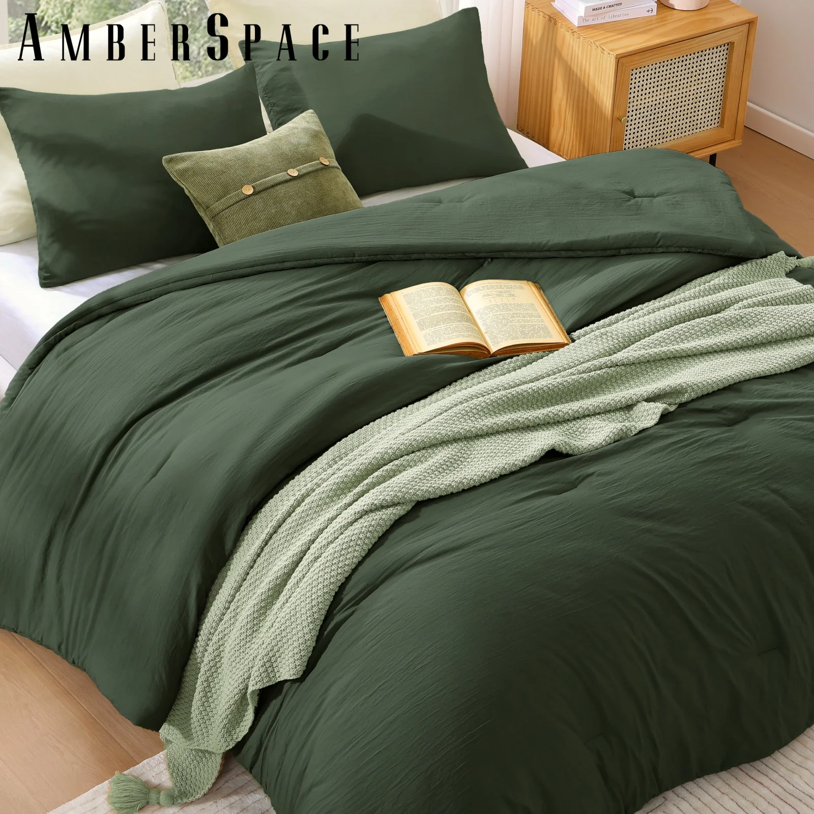 Amberspace Prewashed fabric 3-piece Bed in a Bag Comforter Set with Sheets,Deep Green,Full