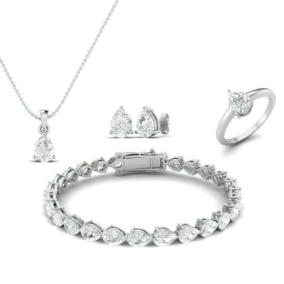 18.60 Carat Moissanite Diamond E Color VS1 Clarity Brilliant Cut 925 Sterling Silver Pear Cut Prong Set Halo Necklace Set Earrings Ring and Bracelet Set