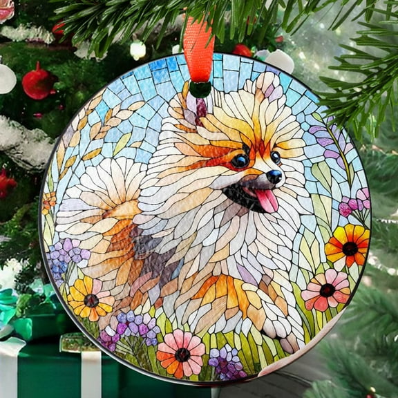Pomeranian wildflowers GLASS Suncatcher Hanging, Pomeranian wildflower, Pomeranian suncatcher hanging, Dog window hanging, Stained Glass Ornament 2025, Holiday Decoration,