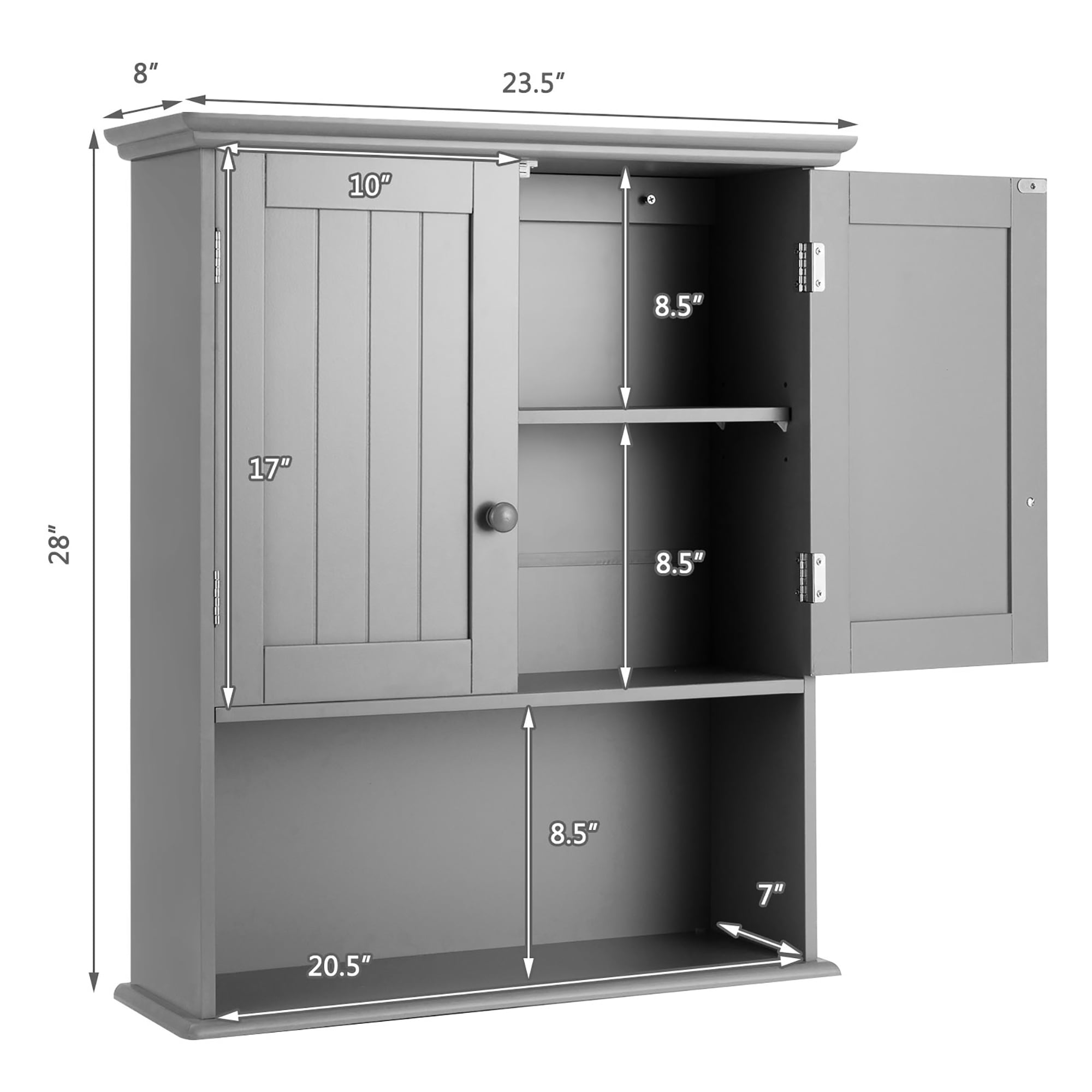 Costway Large Wood Wall Mount Bathroom Cabinet, Storage Organizer with 2Doors and 1Shelf, Grey  (图3) Costway Large Wood Wall Mount Bathroom Cabinet, Storage Organizer with 2Doors and 1Shelf, Grey  (图3)