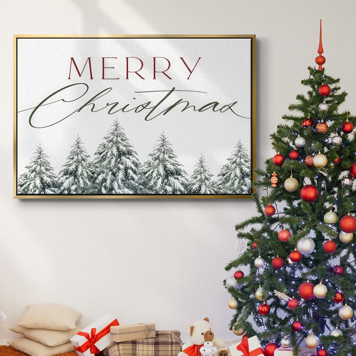 Merry Christmas Trees - Framed Gallery Wrapped Holiday Canvas - 27 x 41 - Gold Frame