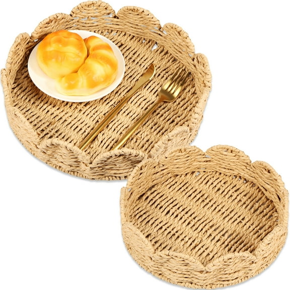2Pcs Scalloped Tray Hand Woven Scalloped Basket Decorative Paper Rope Braided Serving Tray Multipurpose Storage Basket Table Decor Trays for Coffee Table Home Room Decor
