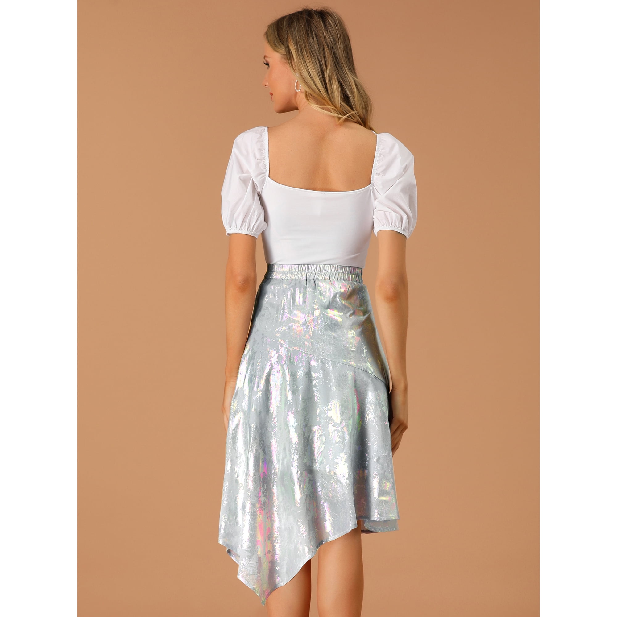 Unique Bargains Women s Metallic Asymmetric Party Holographic Glitter A Line Midi Skirt White