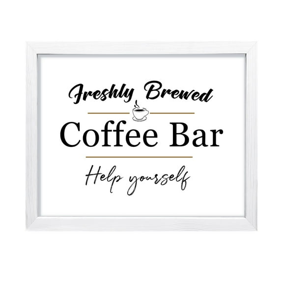 Freshly Brewed Coffee Bar Help Yourself, 8 x 10 White FRAMED Print Wall Art