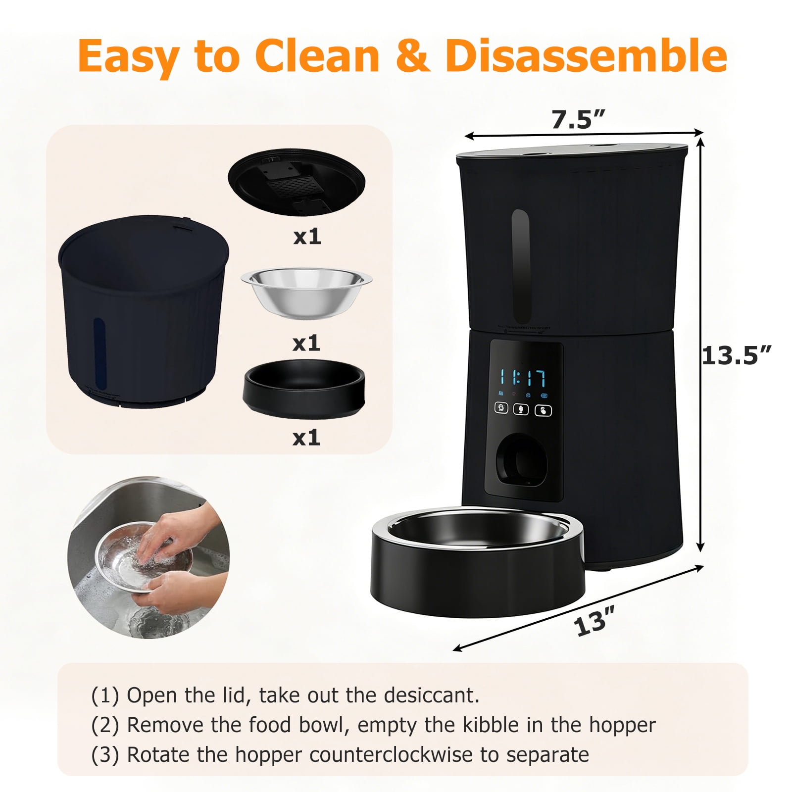 Atilioo Automatic Cat Feeder, 4L WiFi Pet Food Dispenser with App Control, Dry Food, Dual Power Supply, Timed Portion Control for Cats & Small Dogs, Black