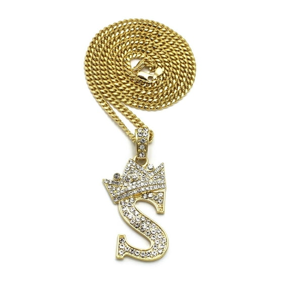 Stone Filled Initial Letter S Pendant 3mm 24" Cuban Chain Hip Hop Fashion Necklace