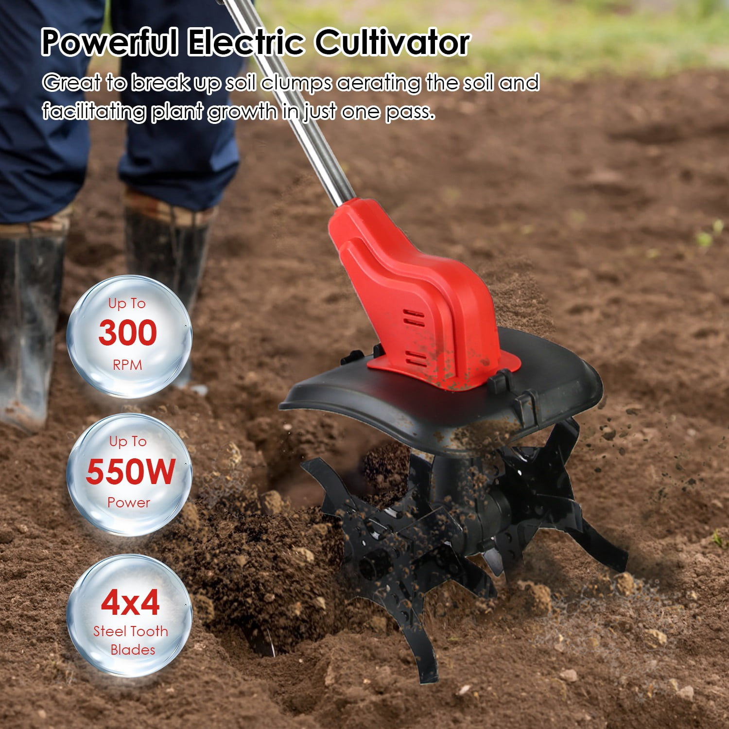 21V Cordless Electric Tiller Cultivator for Wide&Deep Tilling afety Lock Auxiliary Handle Perfect for Garden Bed Preparation Weeding Soil Aeration Lawn Care Raised Bed Vegetable Patch Gardening Tool