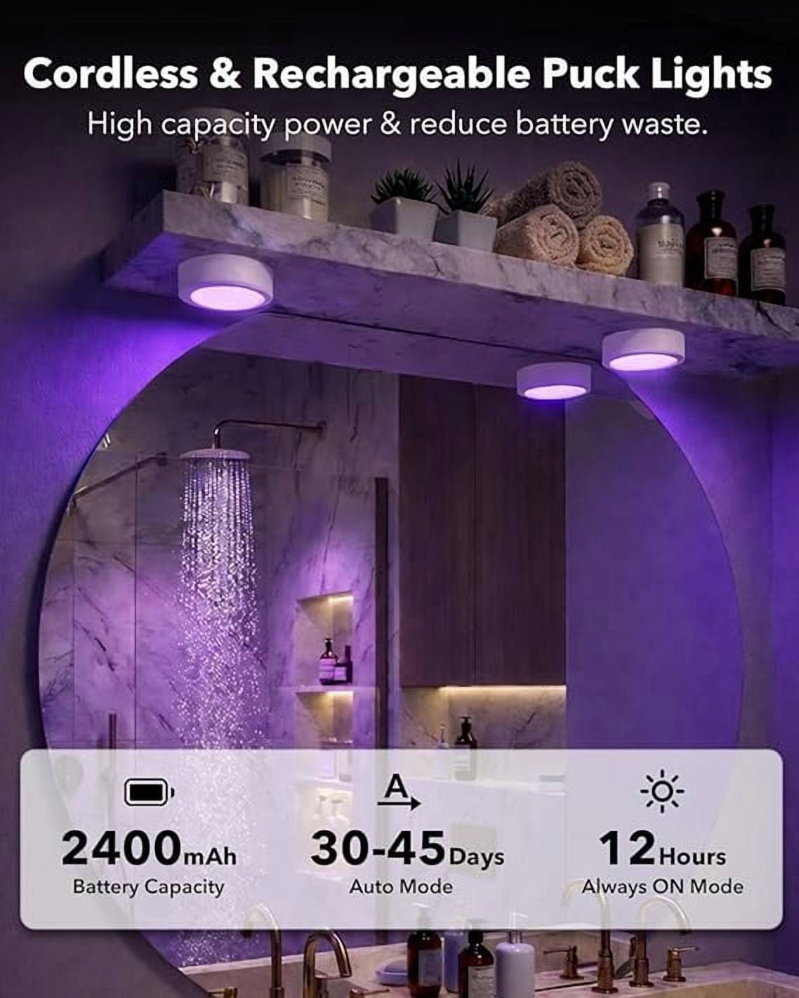 2400mAh Rechargeable Puck Lights with Remote 4 Pack, Radar Motion Sensor Under Cabinet Lighting, 13 RGB & 3 Color Dimmable Stick On Closet Lights with Timer, Magnetic Under Counter Light for Kitchen