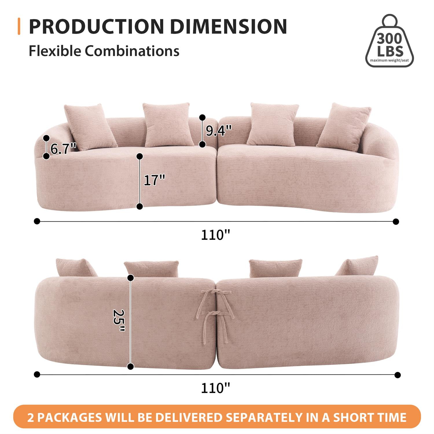 Demi Bonn 110"L Modular Sectional Sofa with Full Compression Sponge, Curved Design, High-Density Chenille Sleeper Couch for Living Room, 800 lbs Capacity, Pink