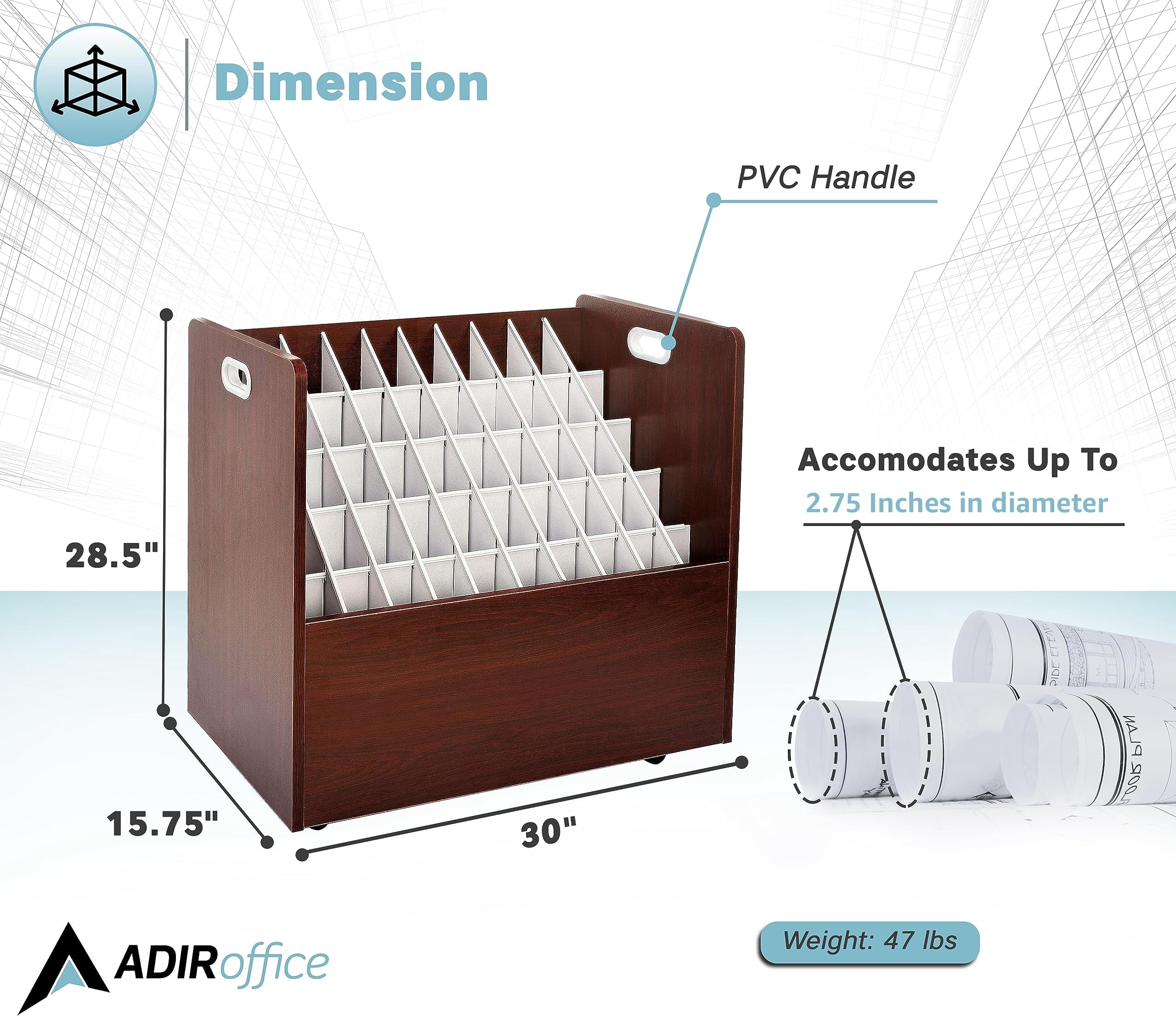 AdirOffice Blue Print Storage Organizer- Mobile Roll File Cart, Construction Plan Holders, Blueprint Cabinet with Wheels (50 Slots, Mahogany)