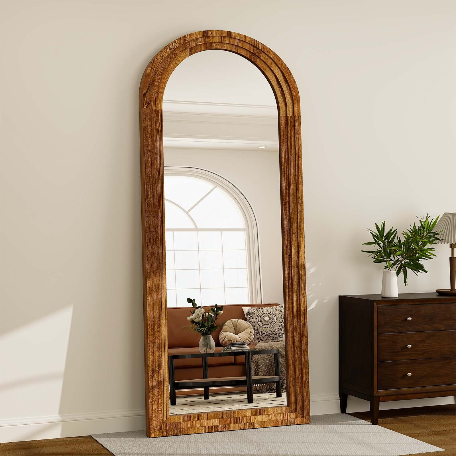BEAUTYPEAK 30"x 71" Classic Paulownia Wood Framed Arched Full Length Mirror, Brown