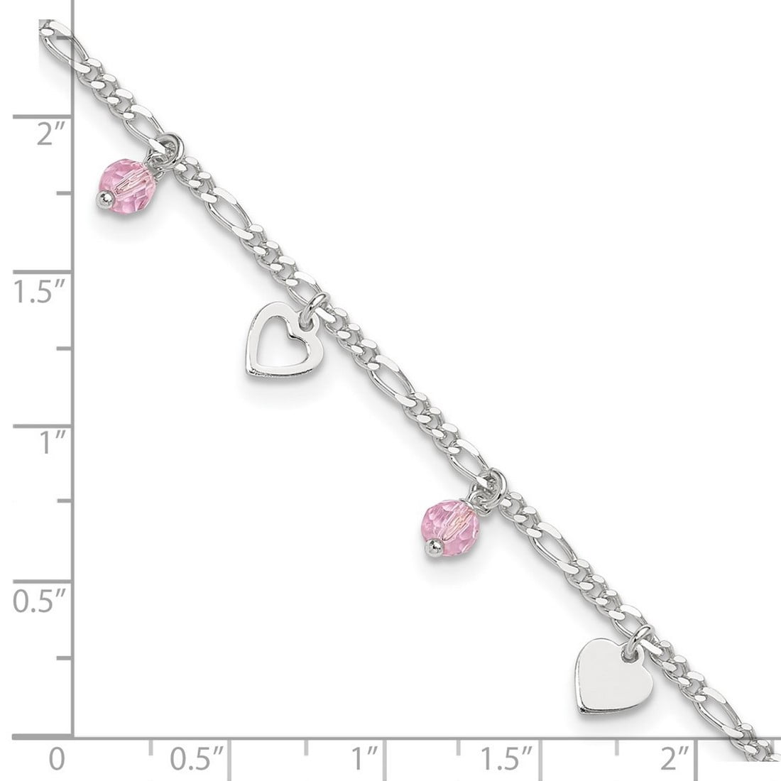 Sterling Silver Pink Glass Beads and Polished Hearts 9 inch Anklet with 1 inch extension QG3150
