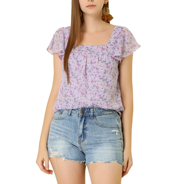 INSPIRAR CHIC Blusa Floral para Mujeres del Día de San Valentín, Casual de Verano, Cuello Cuadrado, Chiffon, Manga Corta, Camisas con Volantes, 2XL, Púrpura