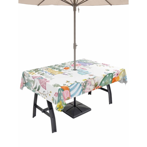 Easter Bunny Outdoor Tablecloth - 52x70 Inch Rectangle Dining Table Cover, Eucalyptus Leaves Spring Easter Eggs Country Waterproof Outdoor Table Cloth with Umbrella Hole & Zipper for Picnic/Patio