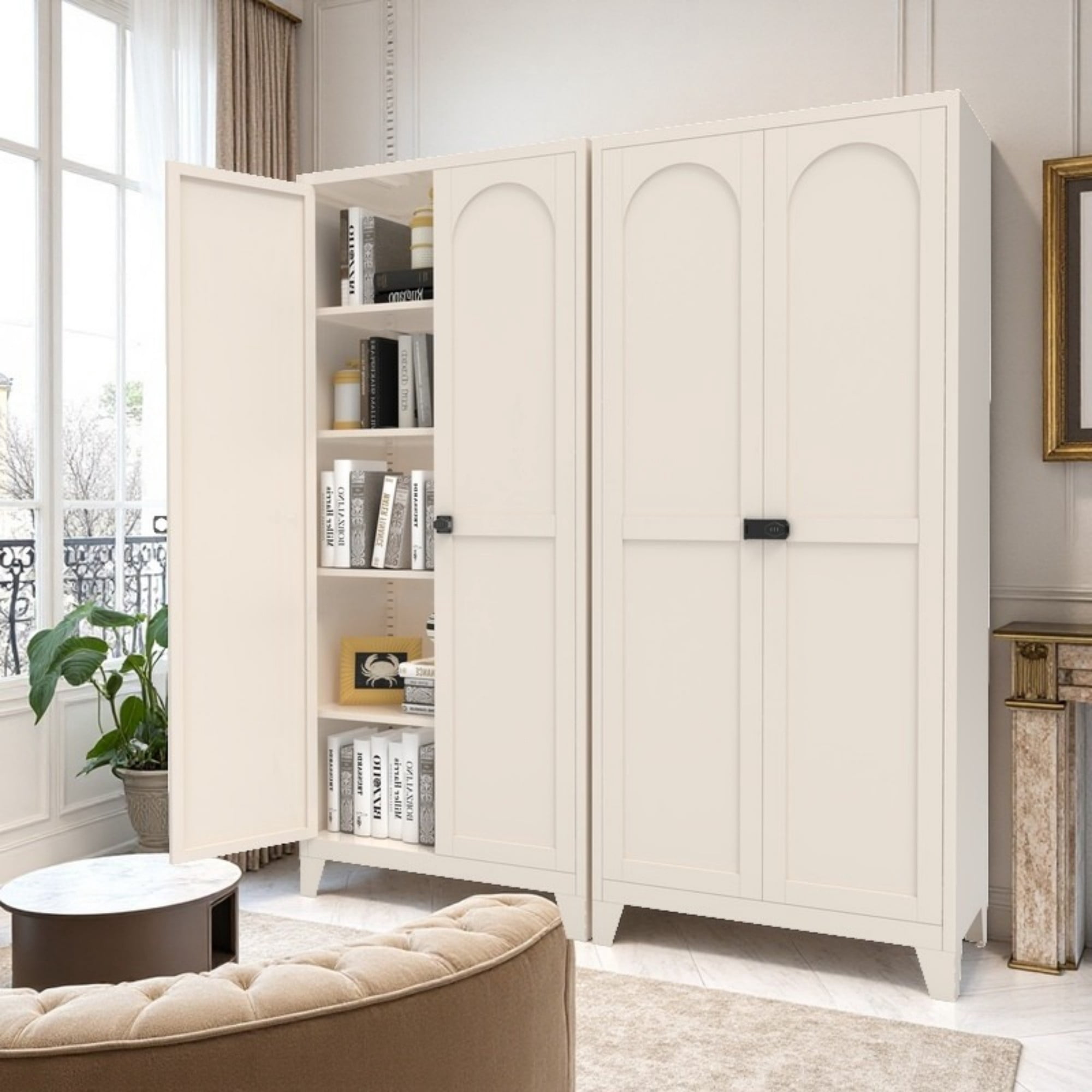 HOQBN 71 Inch Metal Storage Cabinet with Lock,2-Door Tall Steel Cabinet with 4 Adjustable Shelves,Freestanding Lockable Floor Cabinet for Kitchen,Bedroom,Living Room,Office,Pantry,Beige